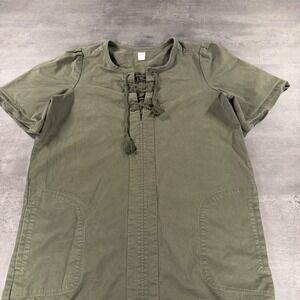 GAP Laceup Shift Dress Women Olive Green Short‎ Sleeve Cotton Smock Teacher Work